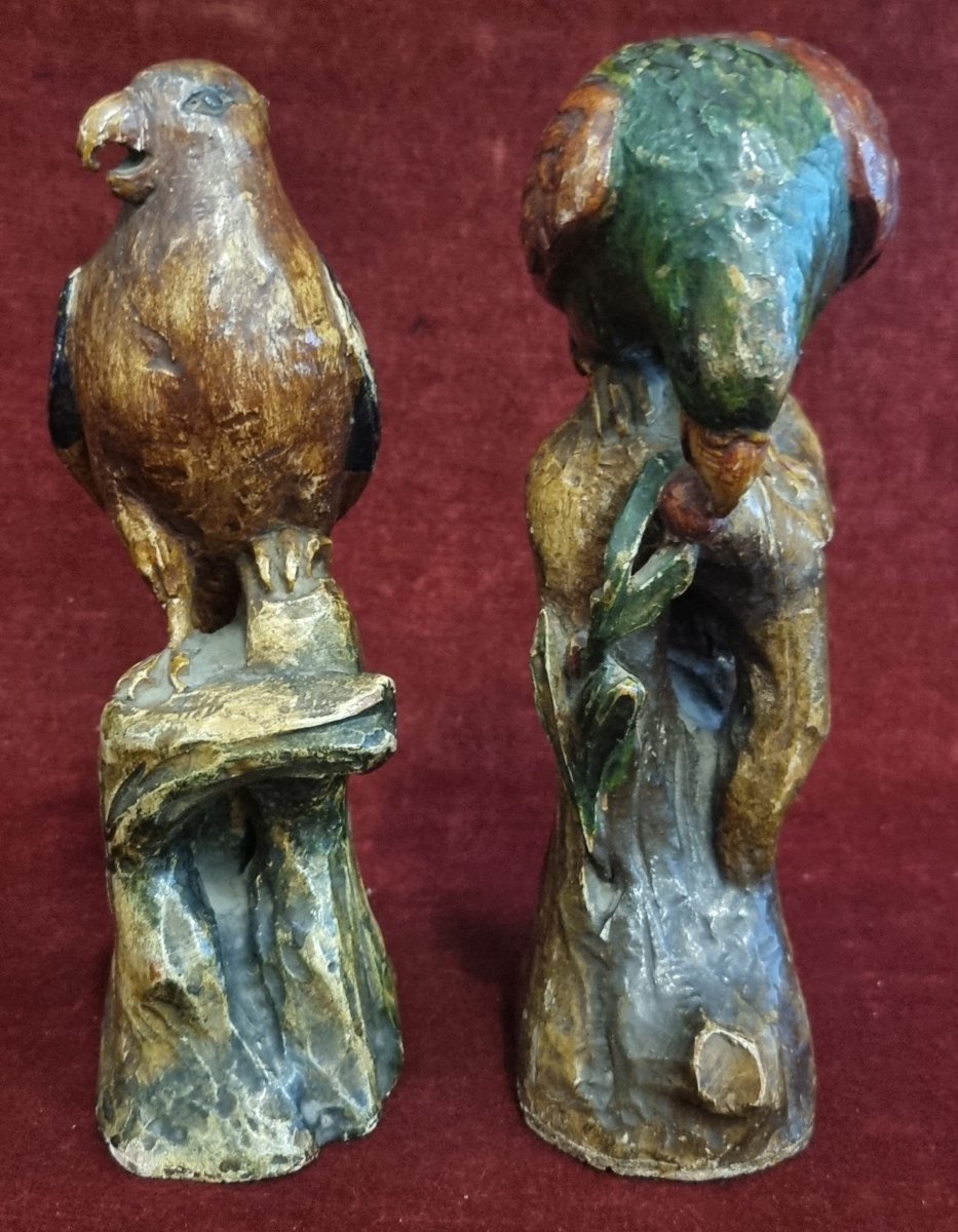 COPPIA PAPPAGALLI IN LEGNO INTAGLIATO E LACCATO - VENEZIA XVIII -photo-4