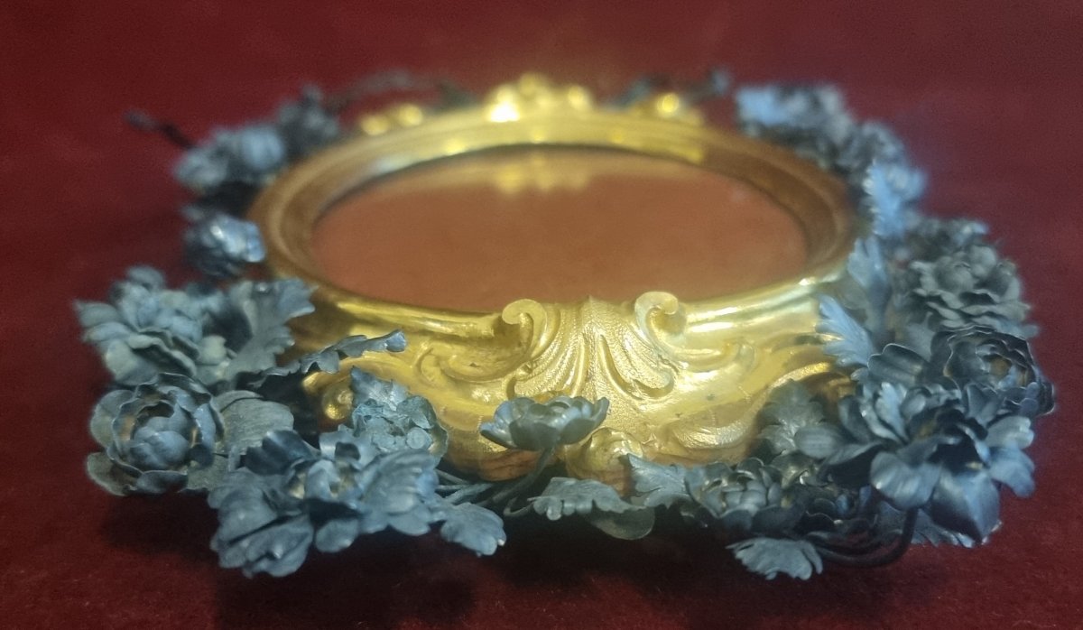 CORNICE IN RAME DORATO CON FIORI E NASTRO IN ARGENTO - META' DEL XVIII SECOLO-photo-6