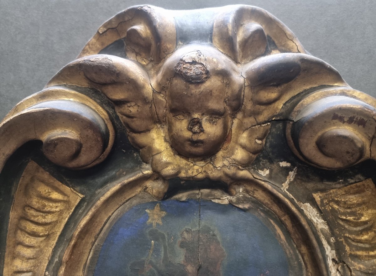 STEMMA NOBILIARE DA INTERNO PALAZZO - CARTAPESTA TELATA, DORATO E DIPINTO - XVI SECOLO-photo-3