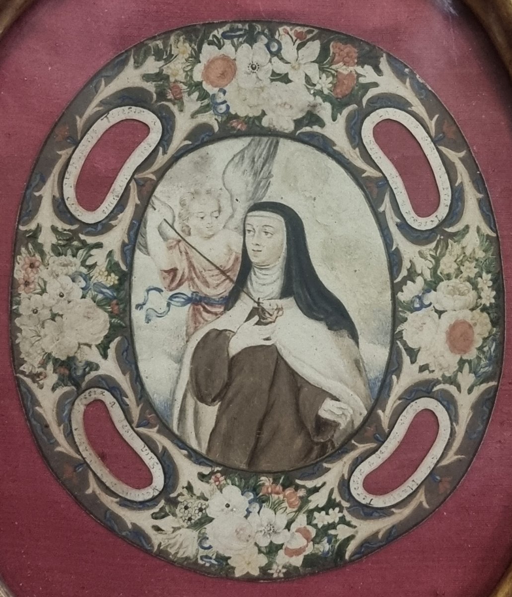 CORNICE BAROCCA IN LEGNO DORATO - MINIATURA SU CARTA SANTA TERESA D'AVILA - PRIMA META' XVII SE-photo-2