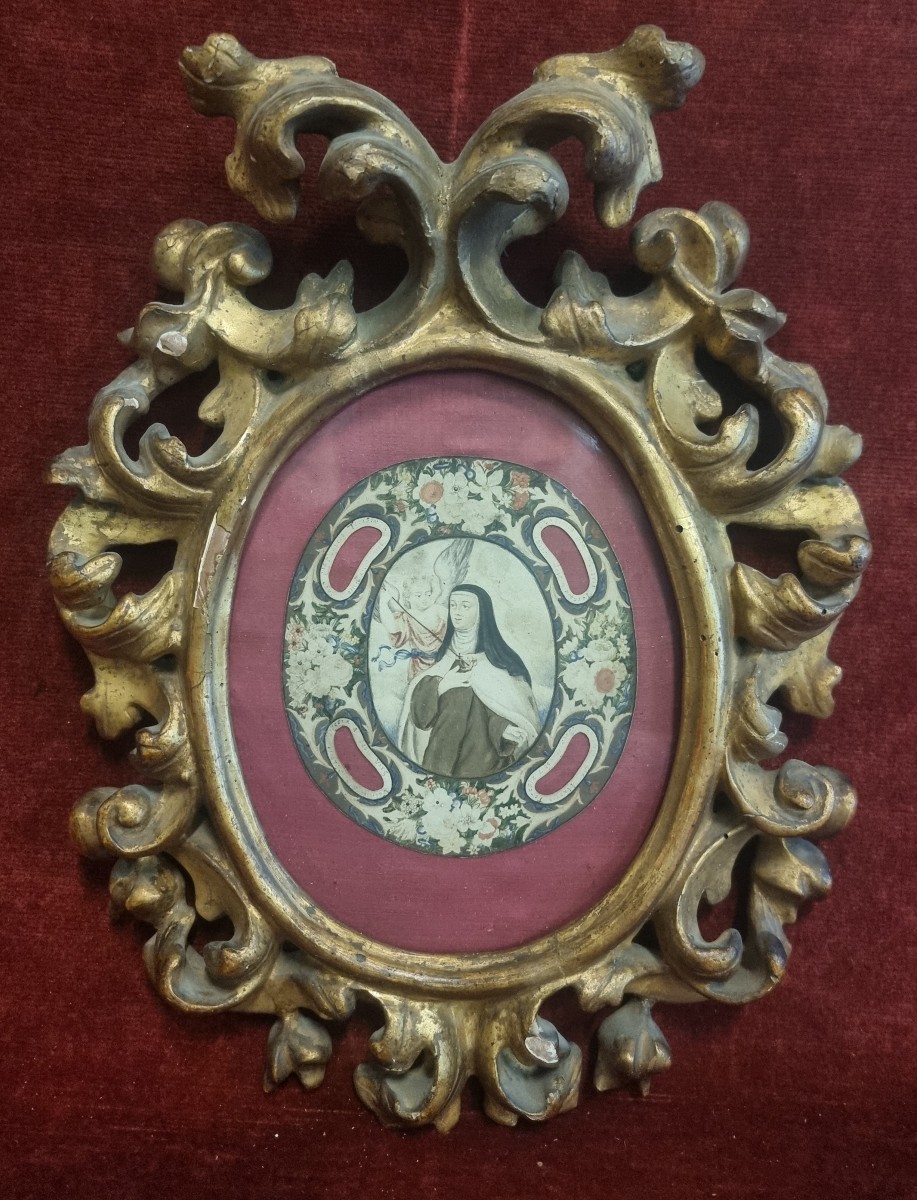 CORNICE BAROCCA IN LEGNO DORATO - MINIATURA SU CARTA SANTA TERESA D'AVILA - PRIMA META' XVII SE
