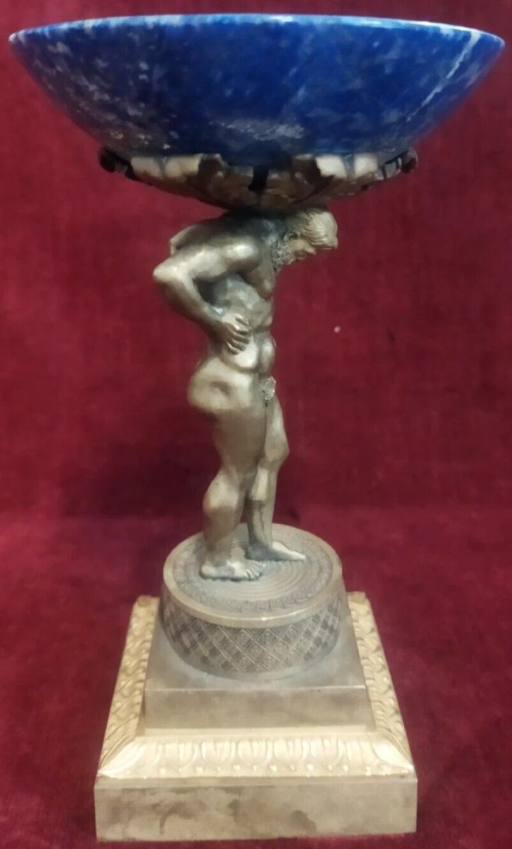 SCULTURA IN BRONZO ATLANTE che regge coppa in LAPISLAZZULI -  SECONDA META' DEL XIX SECOLO-photo-2