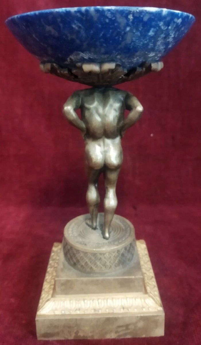 SCULTURA IN BRONZO ATLANTE che regge coppa in LAPISLAZZULI -  SECONDA META' DEL XIX SECOLO-photo-3