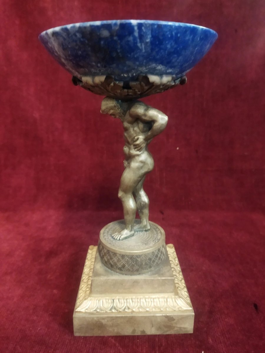 SCULTURA IN BRONZO ATLANTE che regge coppa in LAPISLAZZULI -  SECONDA META' DEL XIX SECOLO-photo-4
