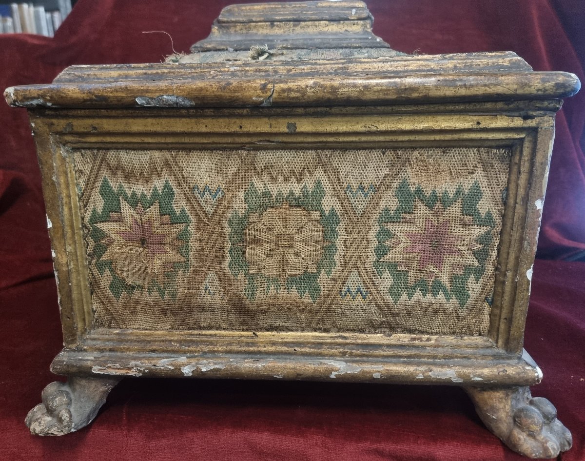 CASSETTA PORTAGIOIE IN LEGNO LACCATO, DORATO TESSUTO - VENEZIA XVI SECOLO-photo-3