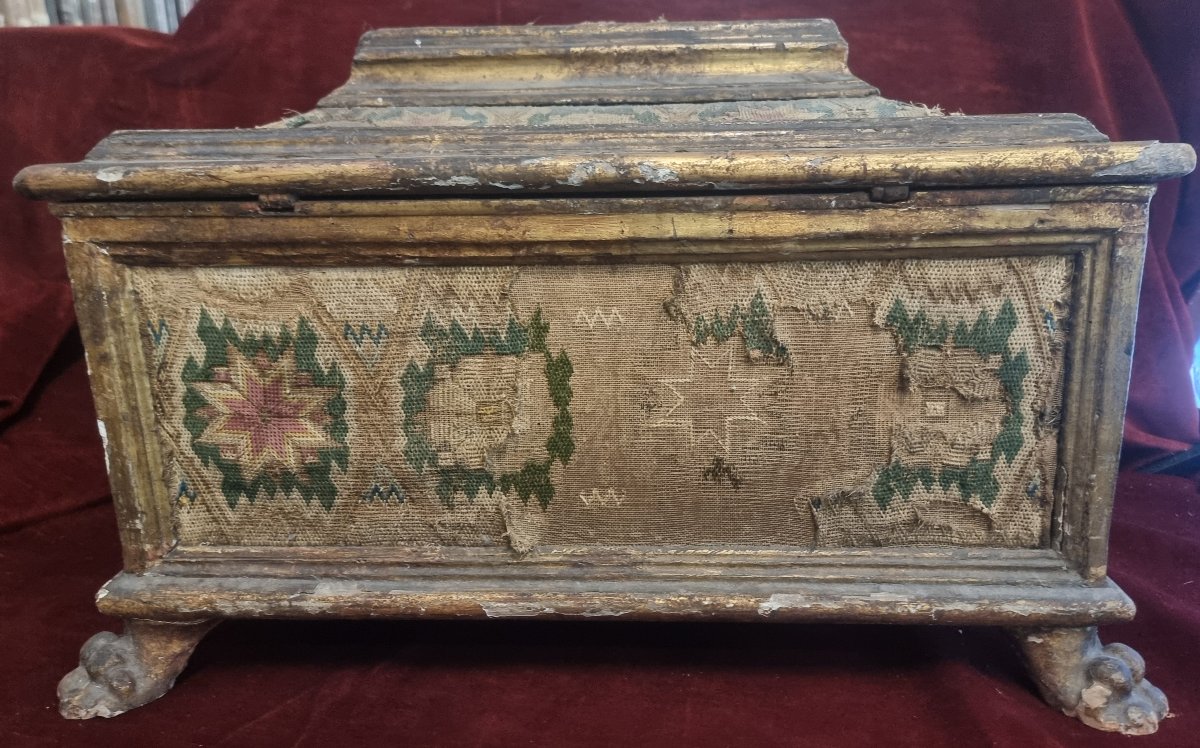 CASSETTA PORTAGIOIE IN LEGNO LACCATO, DORATO TESSUTO - VENEZIA XVI SECOLO-photo-4