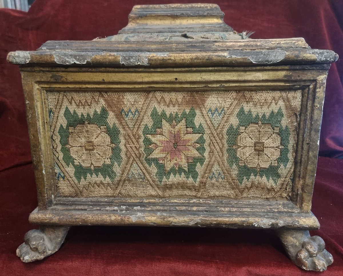 CASSETTA PORTAGIOIE IN LEGNO LACCATO, DORATO TESSUTO - VENEZIA XVI SECOLO-photo-1