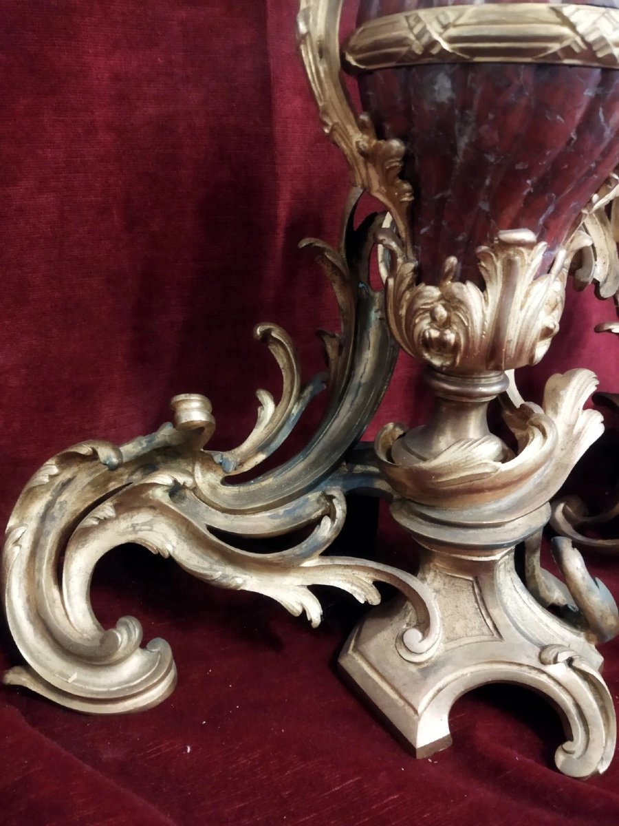 COPPIA ALARI PER CAMINO  in BRONZO e MARMO ROSSO DI FRANCIA -NAPOLEONE III-photo-2