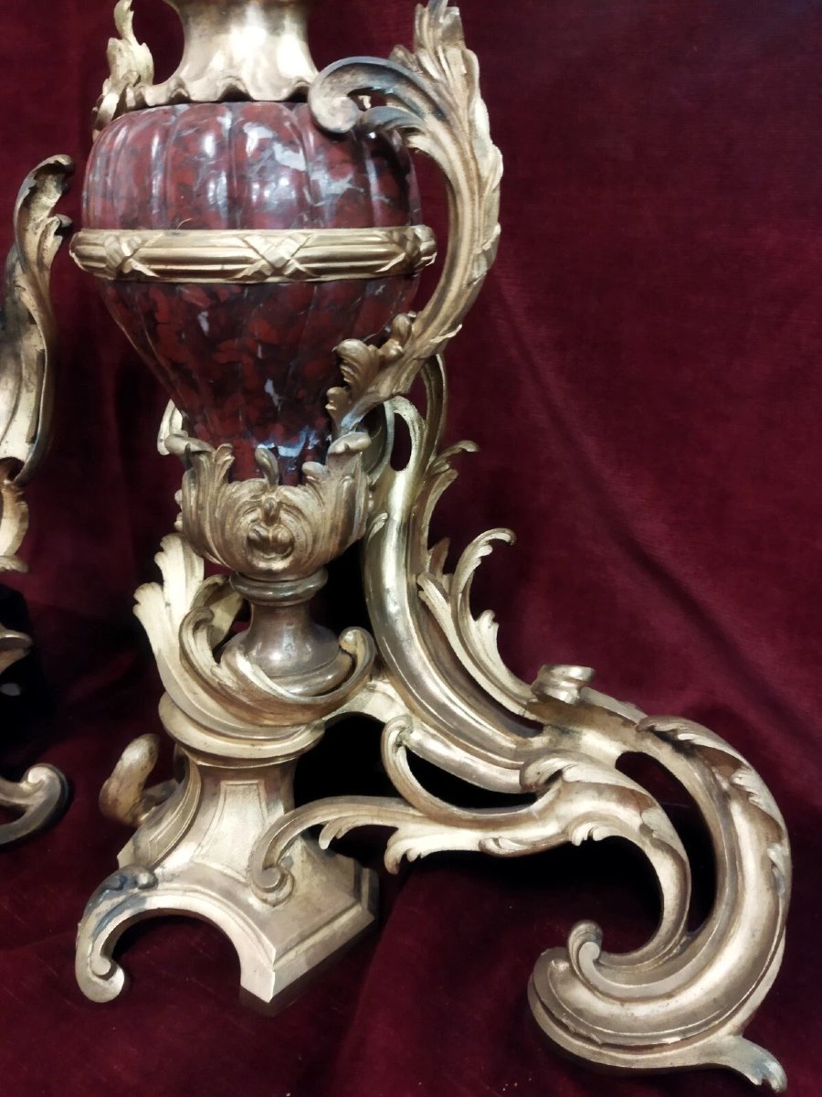 COPPIA ALARI PER CAMINO  in BRONZO e MARMO ROSSO DI FRANCIA -NAPOLEONE III-photo-3