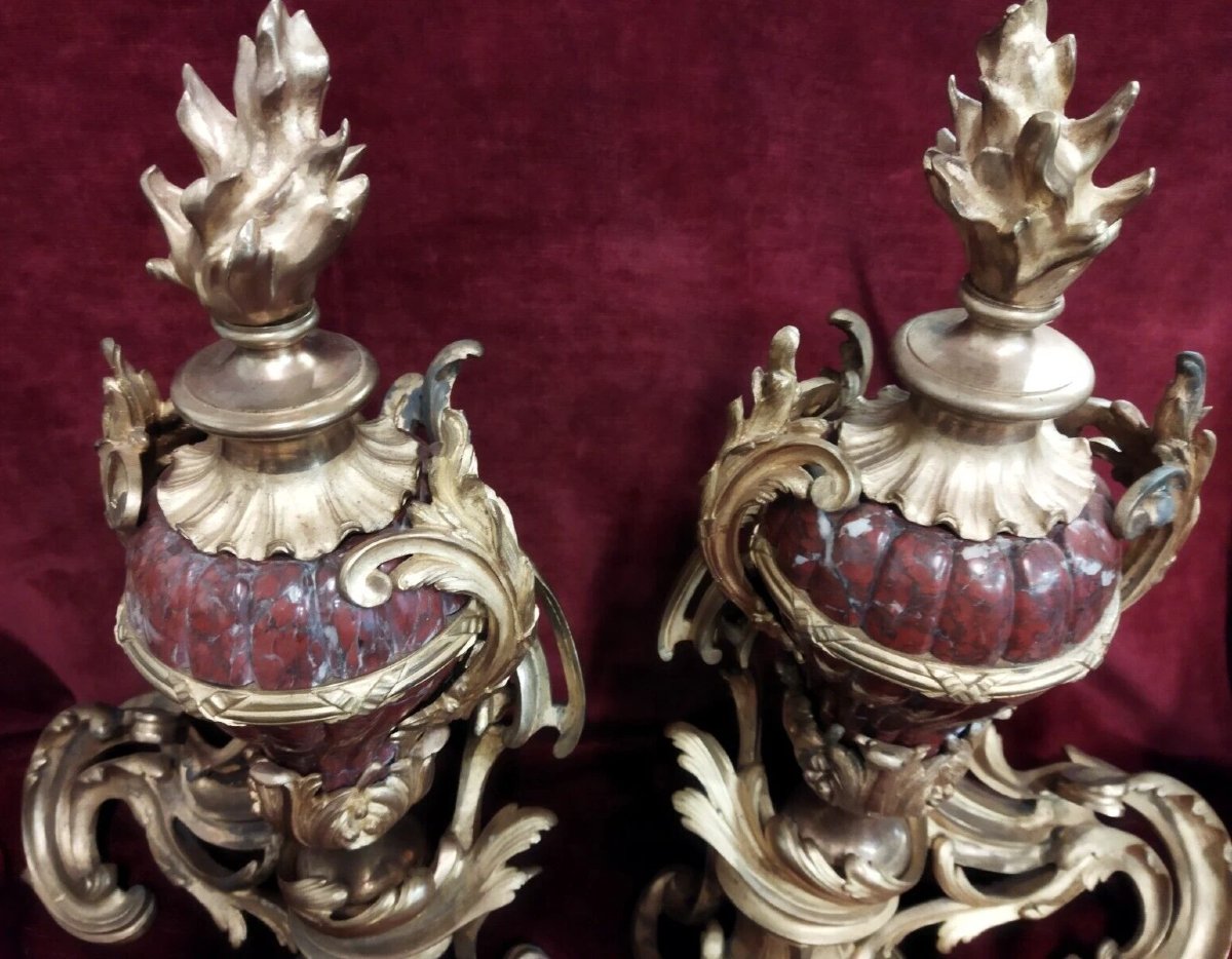 COPPIA ALARI PER CAMINO  in BRONZO e MARMO ROSSO DI FRANCIA -NAPOLEONE III-photo-4