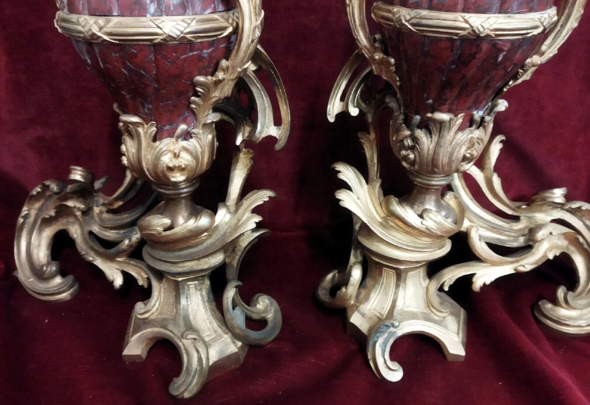 COPPIA ALARI PER CAMINO  in BRONZO e MARMO ROSSO DI FRANCIA -NAPOLEONE III-photo-1