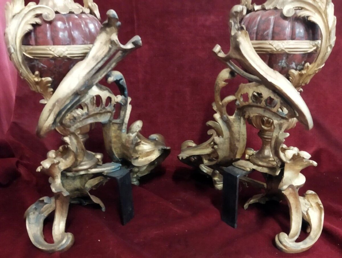 COPPIA ALARI PER CAMINO  in BRONZO e MARMO ROSSO DI FRANCIA -NAPOLEONE III-photo-2