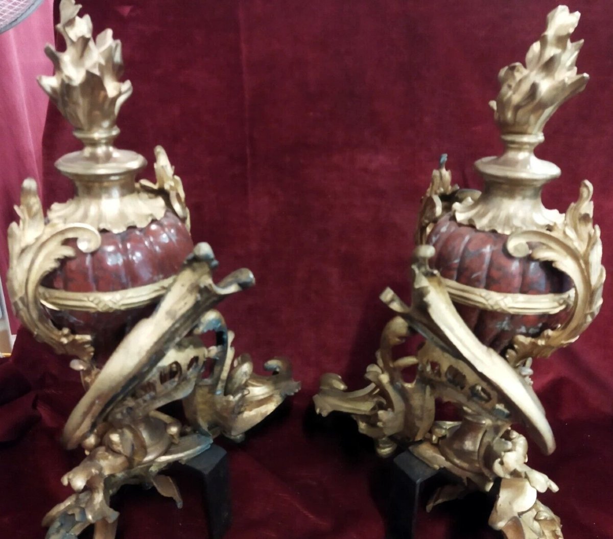 COPPIA ALARI PER CAMINO  in BRONZO e MARMO ROSSO DI FRANCIA -NAPOLEONE III-photo-3