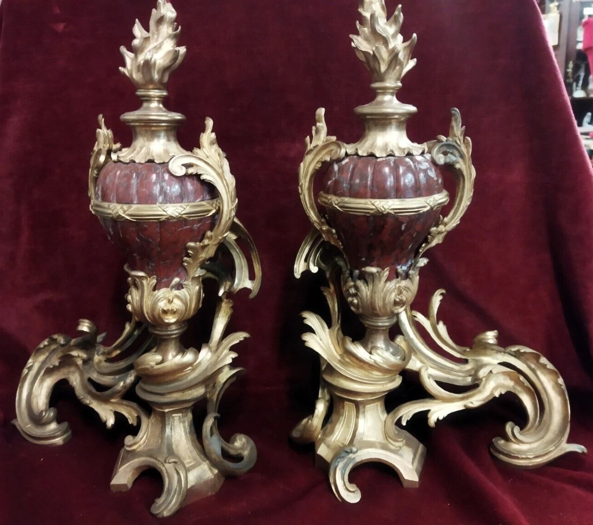 COPPIA ALARI PER CAMINO  in BRONZO e MARMO ROSSO DI FRANCIA -NAPOLEONE III