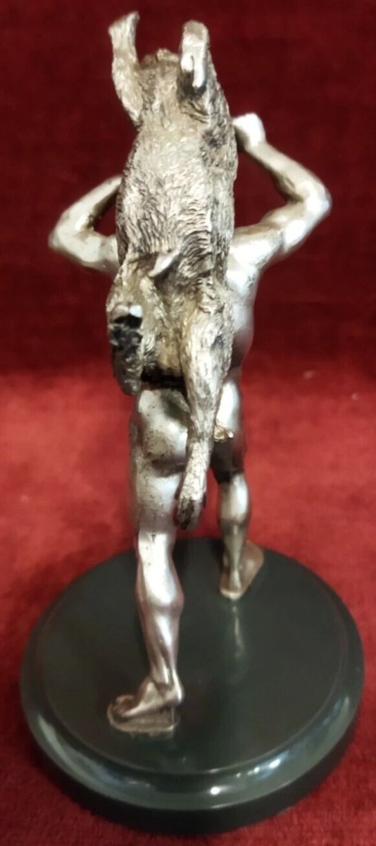 SCULTURA ARGENTO SU BASE MARMO  ERCOLE CON CINGHIALE  BOLLO 84 RUSSIA - anni '50-photo-2