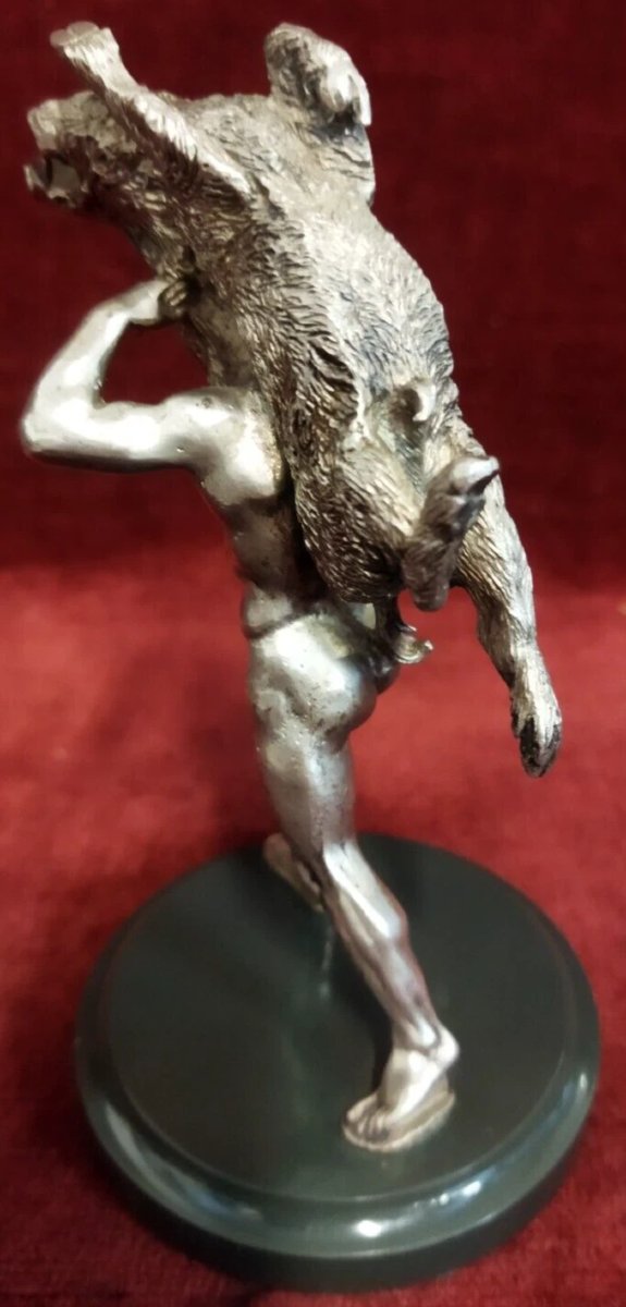 SCULTURA ARGENTO SU BASE MARMO  ERCOLE CON CINGHIALE  BOLLO 84 RUSSIA - anni '50-photo-3
