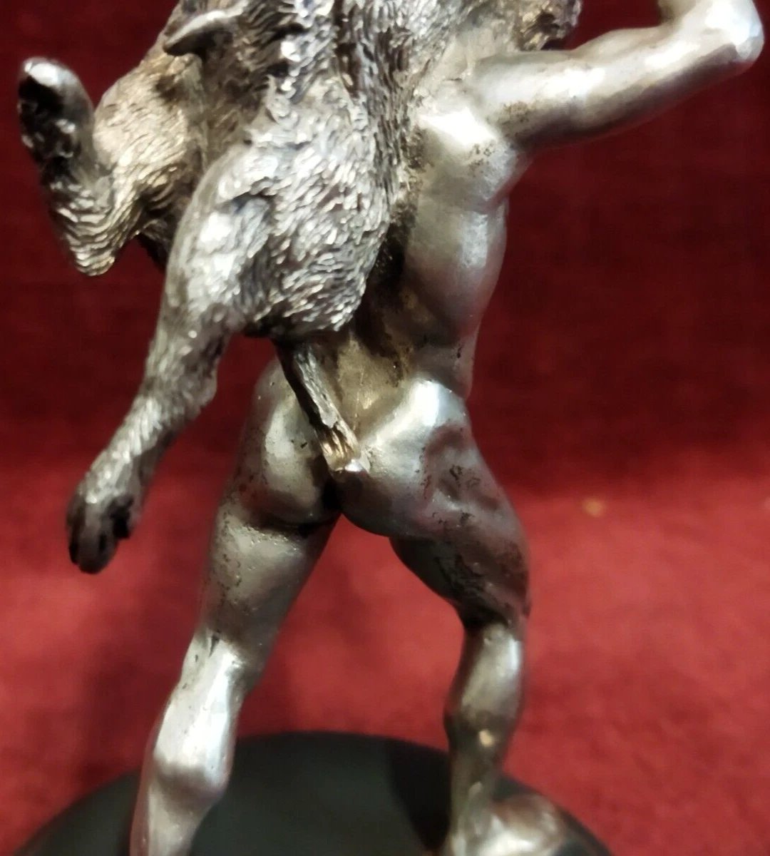 SCULTURA ARGENTO SU BASE MARMO  ERCOLE CON CINGHIALE  BOLLO 84 RUSSIA - anni '50-photo-3