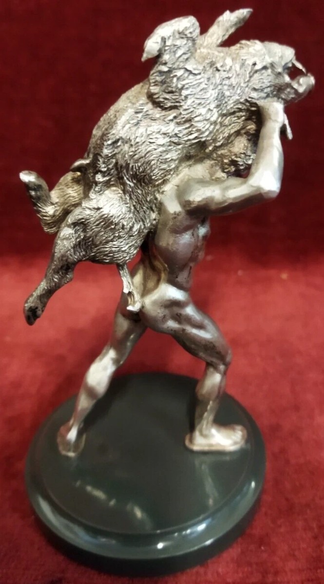 SCULTURA ARGENTO SU BASE MARMO  ERCOLE CON CINGHIALE  BOLLO 84 RUSSIA - anni '50