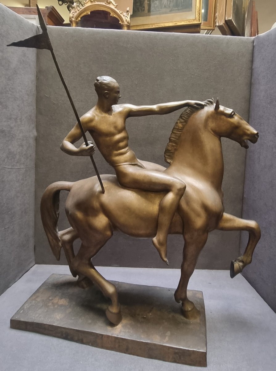 SCULTURA IN BRONZO - UOMO A CAVALLO - LUCIANO CONDORELLI (ACIREALE 1887 - ROMA 1968) - ART DECO-photo-2