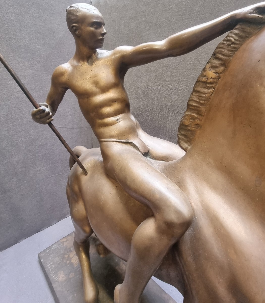 SCULTURA IN BRONZO - UOMO A CAVALLO - LUCIANO CONDORELLI (ACIREALE 1887 - ROMA 1968) - ART DECO-photo-3