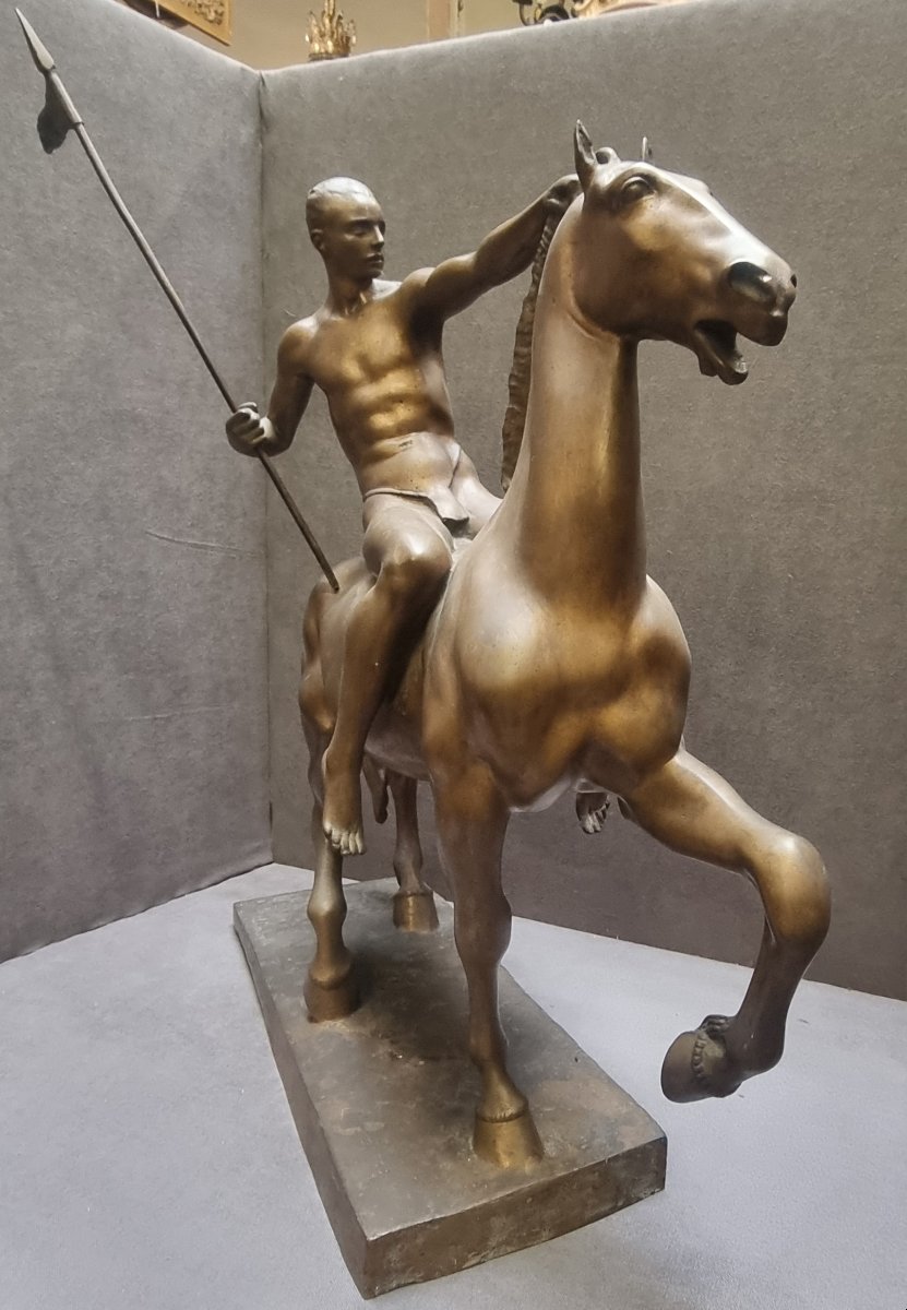 SCULTURA IN BRONZO - UOMO A CAVALLO - LUCIANO CONDORELLI (ACIREALE 1887 - ROMA 1968) - ART DECO-photo-4