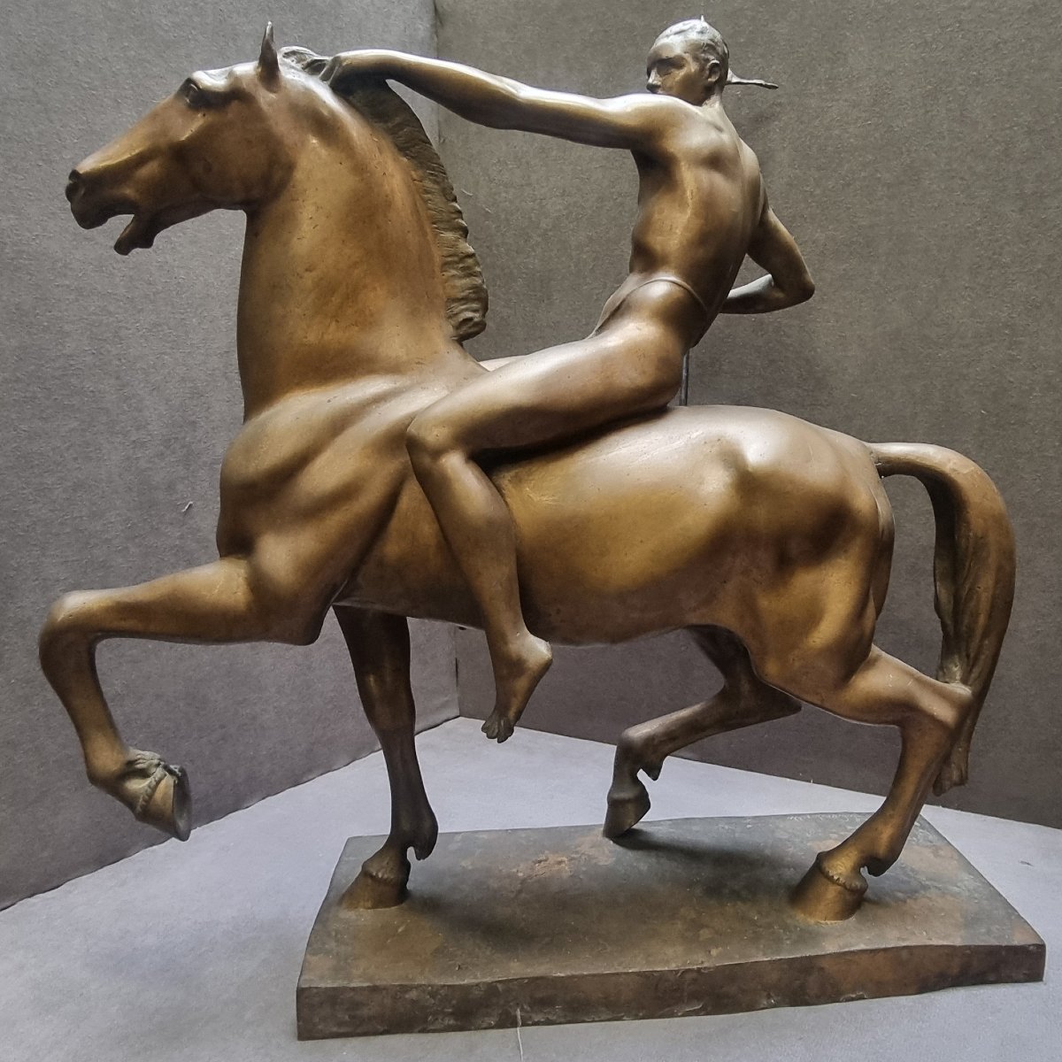 SCULTURA IN BRONZO - UOMO A CAVALLO - LUCIANO CONDORELLI (ACIREALE 1887 - ROMA 1968) - ART DECO-photo-1