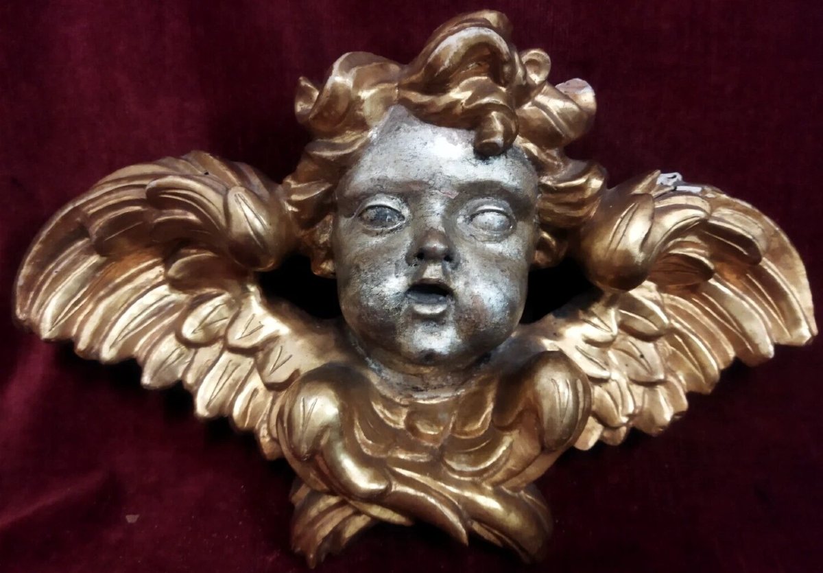 COPPIA ANGELI in legno intagliato, dorato e argentato del XVIII SECOLO-photo-3