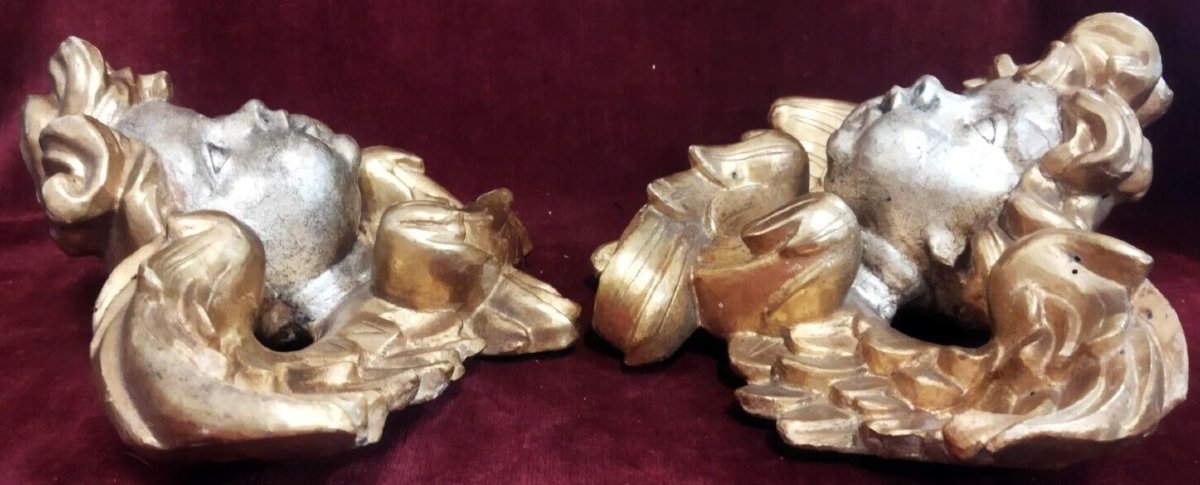 COPPIA ANGELI in legno intagliato, dorato e argentato del XVIII SECOLO-photo-4