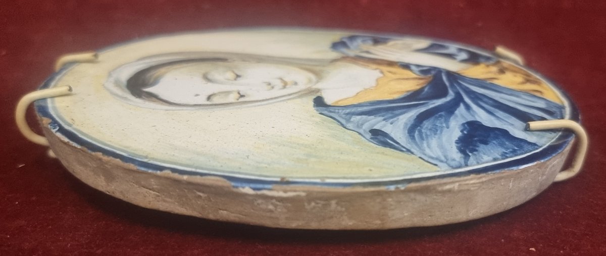 MATTONELLA OVALE IN CERAMICA DIPINTA RAFFIGURANTE MADONNA - ITALIA, CASTELLI-photo-3