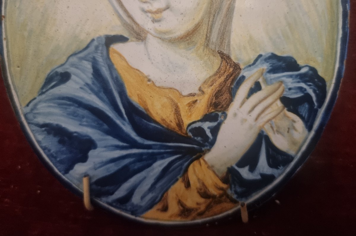 MATTONELLA OVALE IN CERAMICA DIPINTA RAFFIGURANTE MADONNA - ITALIA, CASTELLI-photo-2