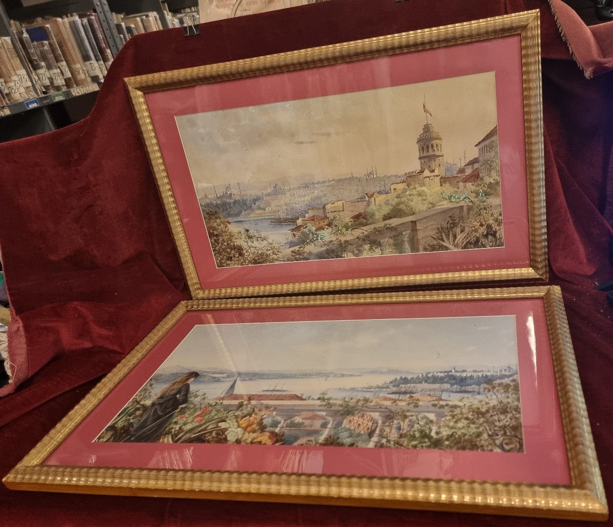 COPPIA QUADRI - GOUACHES COSTANTINOPOLI / ISTANBUL  - XIX SECOLO