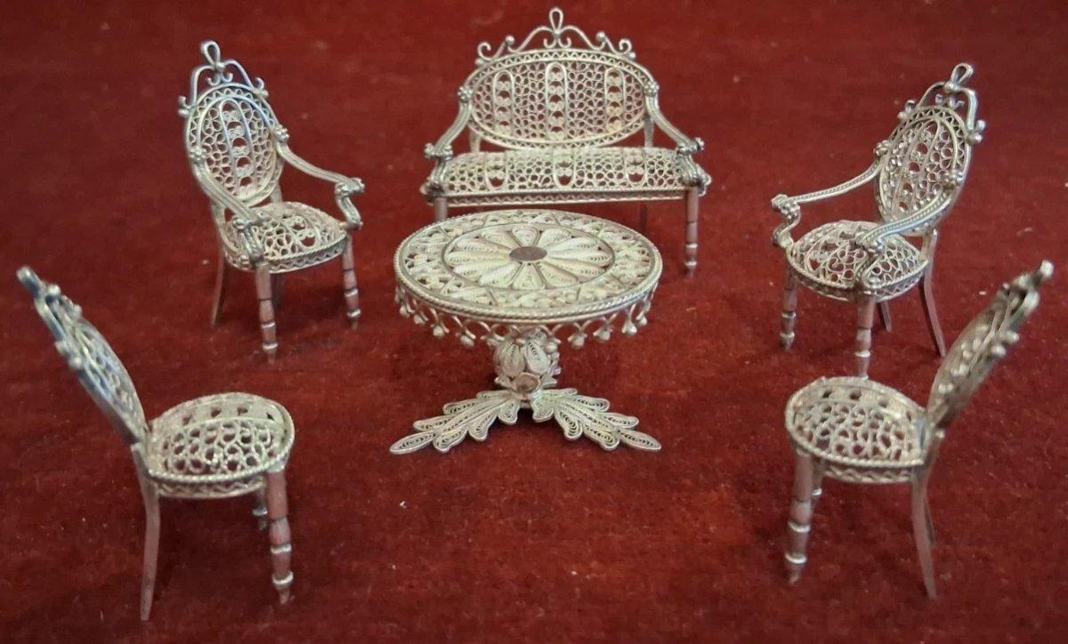 SET (5 pezzi) SALOTTINO MINIATURA IN ARGENTO / FILIGRANA-photo-2