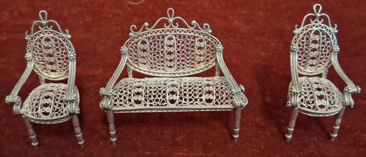 SET (5 pezzi) SALOTTINO MINIATURA IN ARGENTO / FILIGRANA-photo-3