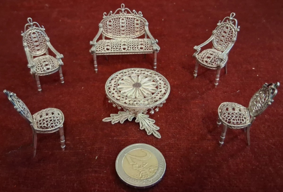 SET (5 pezzi) SALOTTINO MINIATURA IN ARGENTO / FILIGRANA