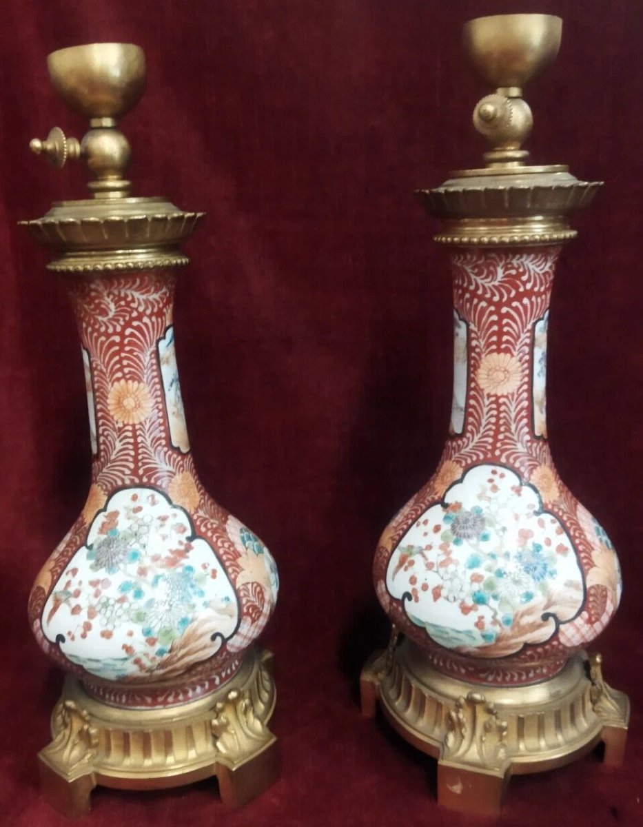 COPPIA LAMPADE DA TAVOLO in bronzo e porcellana dipinta Periodo Napoleone III-photo-2