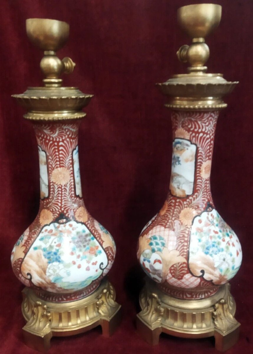 COPPIA LAMPADE DA TAVOLO in bronzo e porcellana dipinta Periodo Napoleone III-photo-3