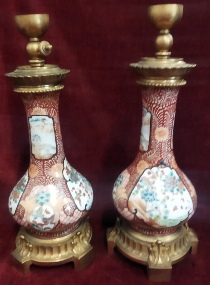 COPPIA LAMPADE DA TAVOLO in bronzo e porcellana dipinta Periodo Napoleone III-photo-4