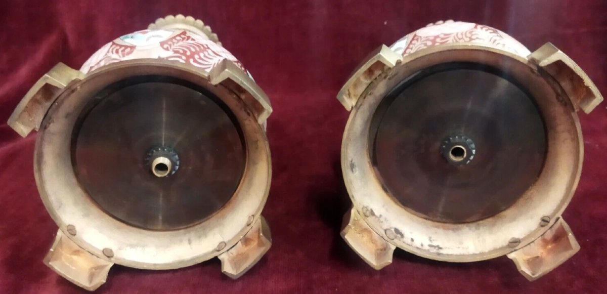 COPPIA LAMPADE DA TAVOLO in bronzo e porcellana dipinta Periodo Napoleone III-photo-1
