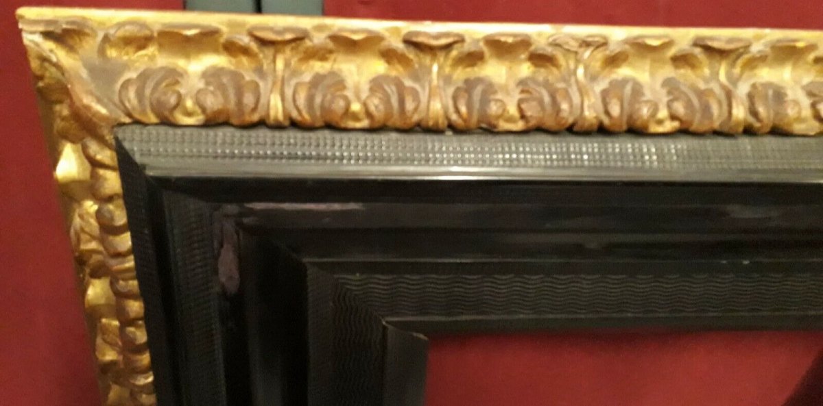CORNICE FIAMMINGA PLACCATA D'EBANO e legno intagliato e dorato coevo XVII secolo-photo-2