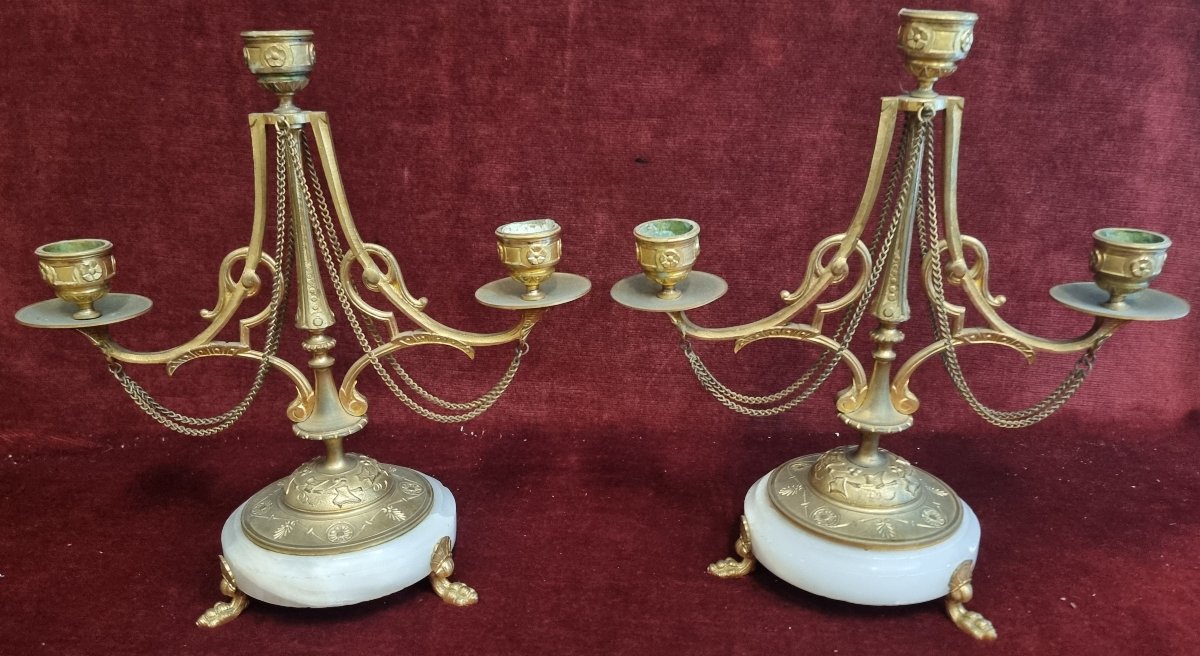 COPPIA CANDELABRI IN BRONZO DORATO E ALABASTRO -  XIX SECOLO - NAPOLEONE III-photo-1