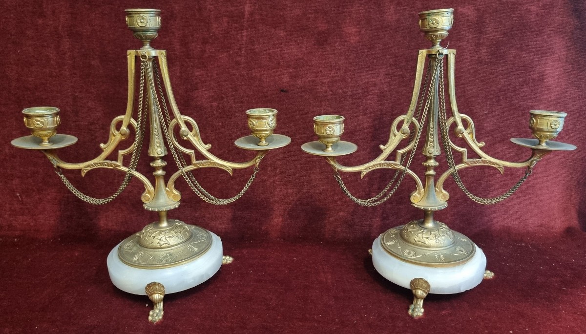 COPPIA CANDELABRI IN BRONZO DORATO E ALABASTRO -  XIX SECOLO - NAPOLEONE III