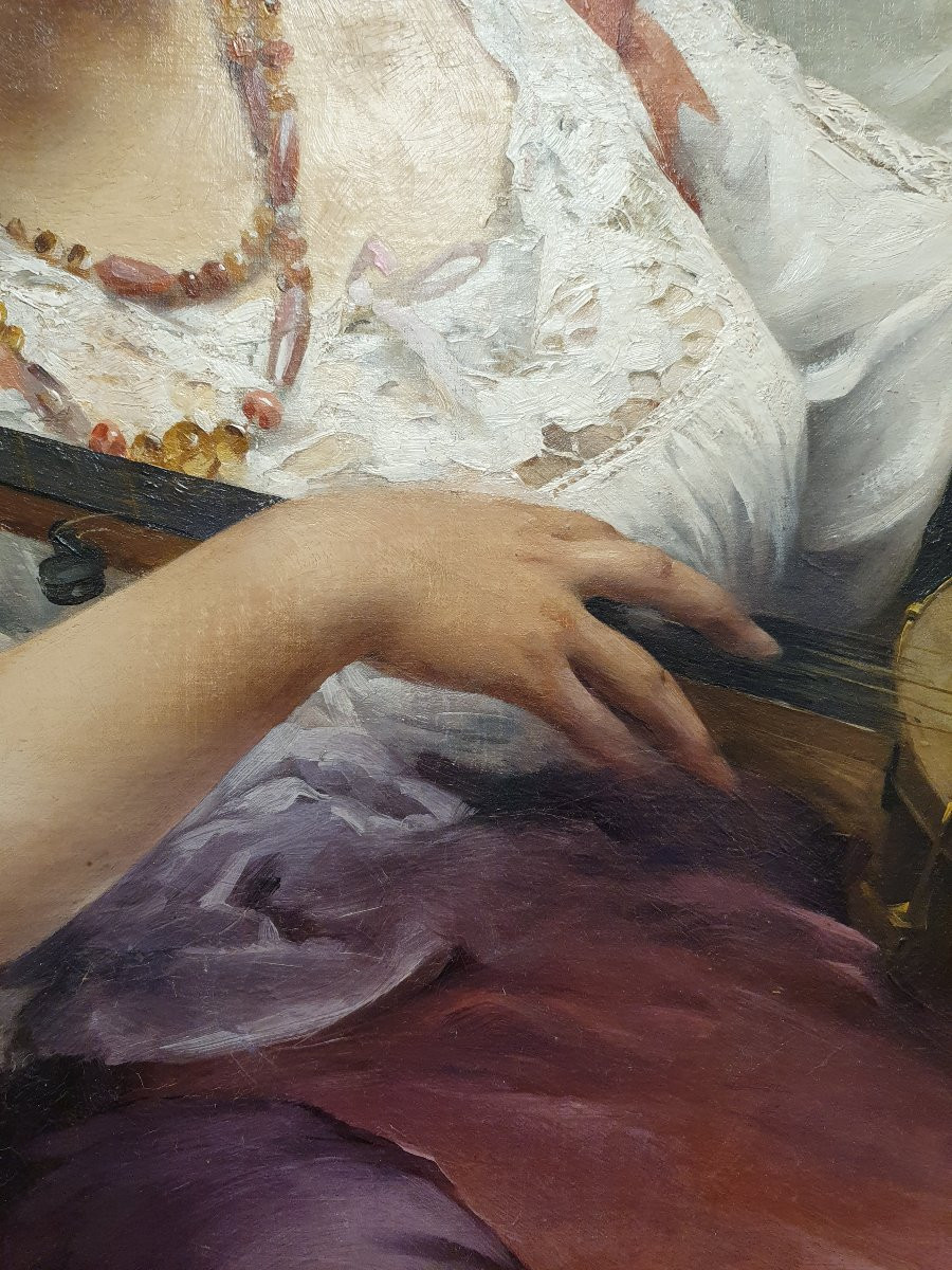 Dipinto a olio su tela  gitana seduta con banjo  Paul François Quinsac (Bordeaux 1858-1929)-photo-1