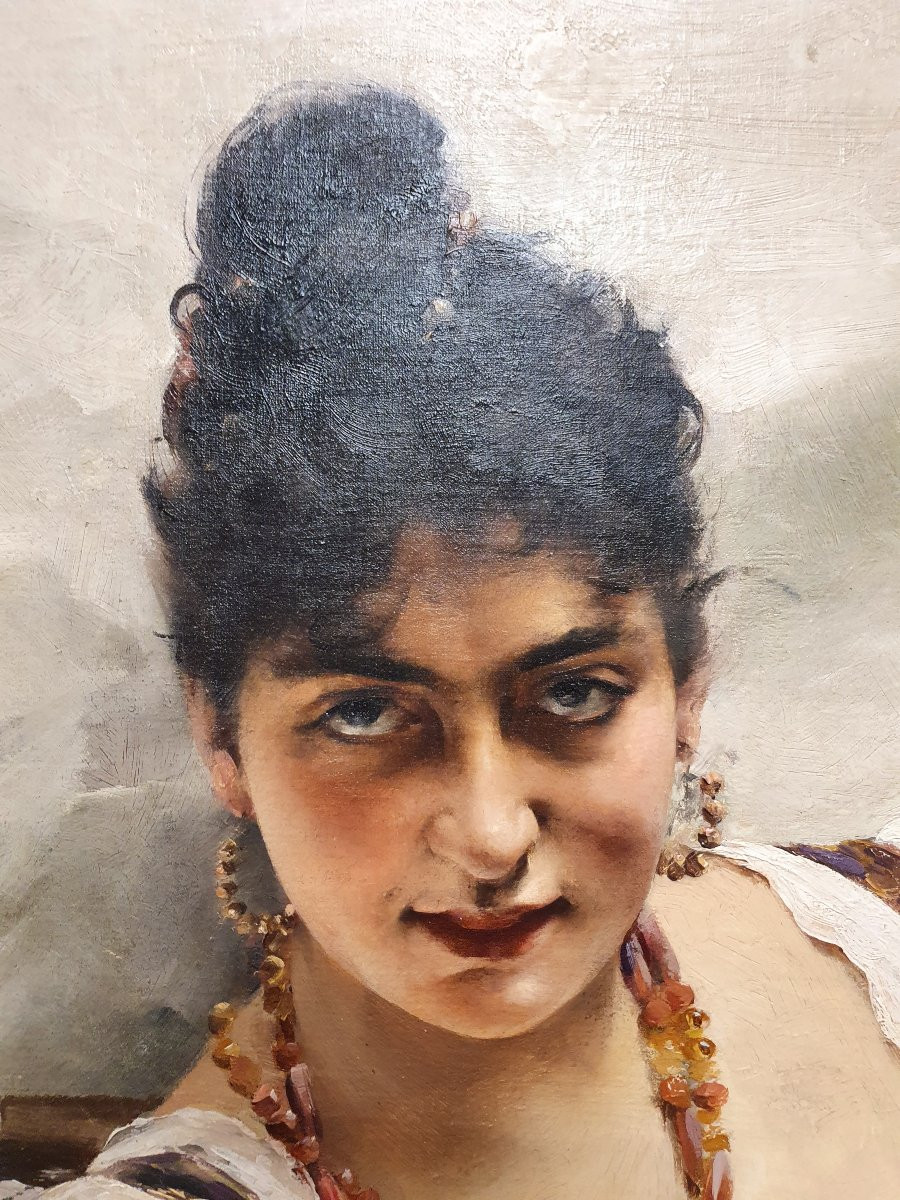 Dipinto a olio su tela  gitana seduta con banjo  Paul François Quinsac (Bordeaux 1858-1929)-photo-2