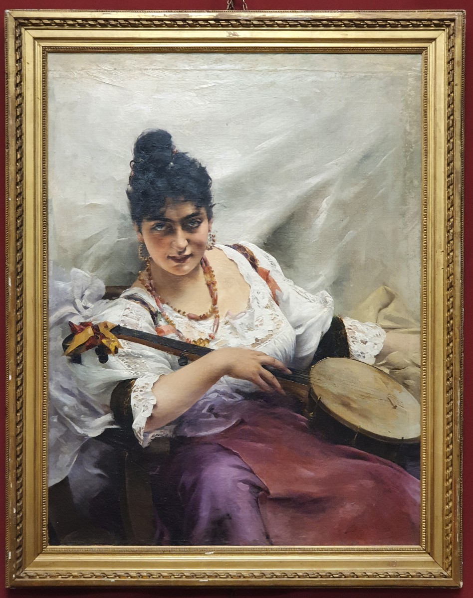 Dipinto a olio su tela  gitana seduta con banjo  Paul François Quinsac (Bordeaux 1858-1929)