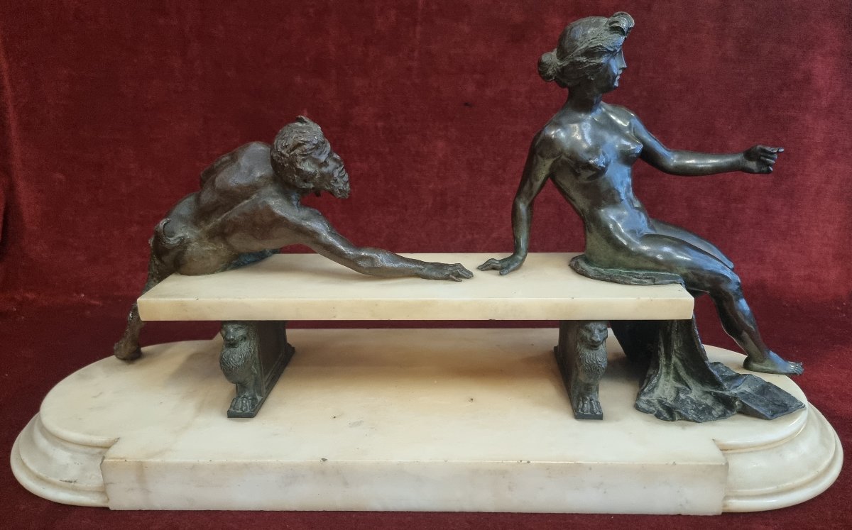 Scultura in bronzo e marmo statuario - Ninfa e Fauno  - Adolfo Apolloni (1855-1923) -photo-2