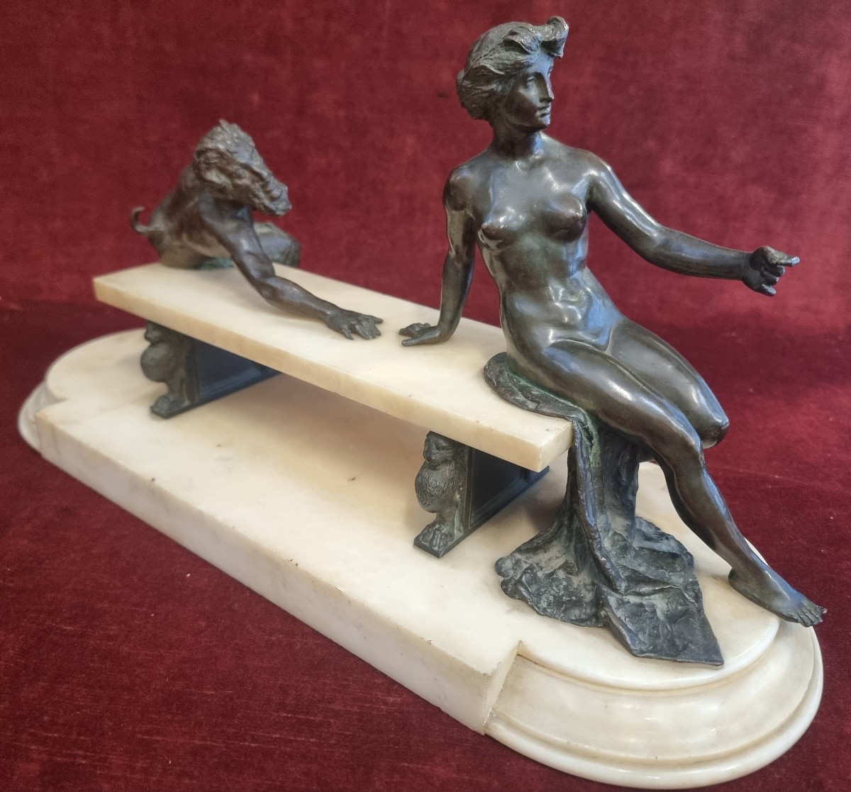 Scultura in bronzo e marmo statuario - Ninfa e Fauno  - Adolfo Apolloni (1855-1923) 