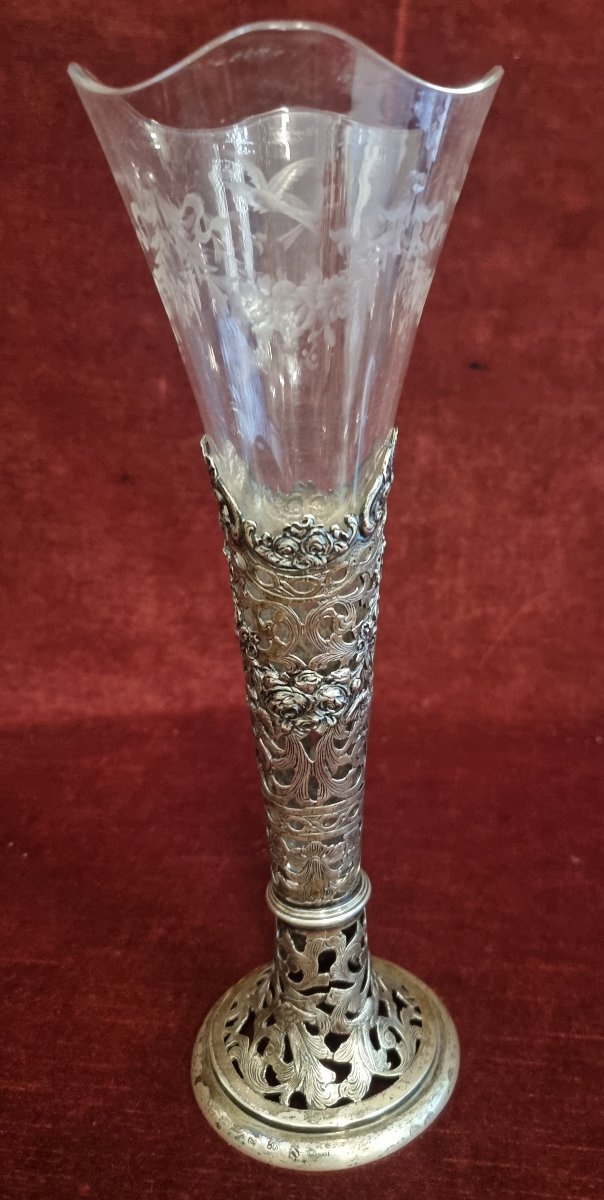 VASO IN ARGENTO E VETRO INCISO - GERMANIA - INIZIO XX SECOLO-photo-2