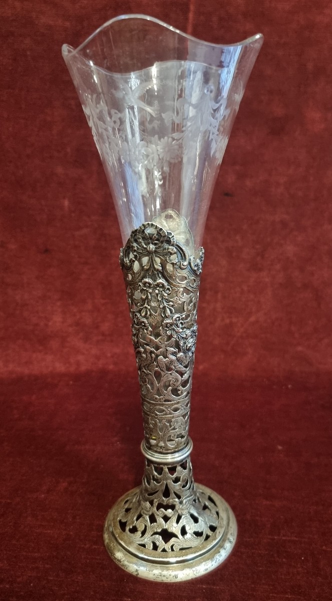 VASO IN ARGENTO E VETRO INCISO - GERMANIA - INIZIO XX SECOLO