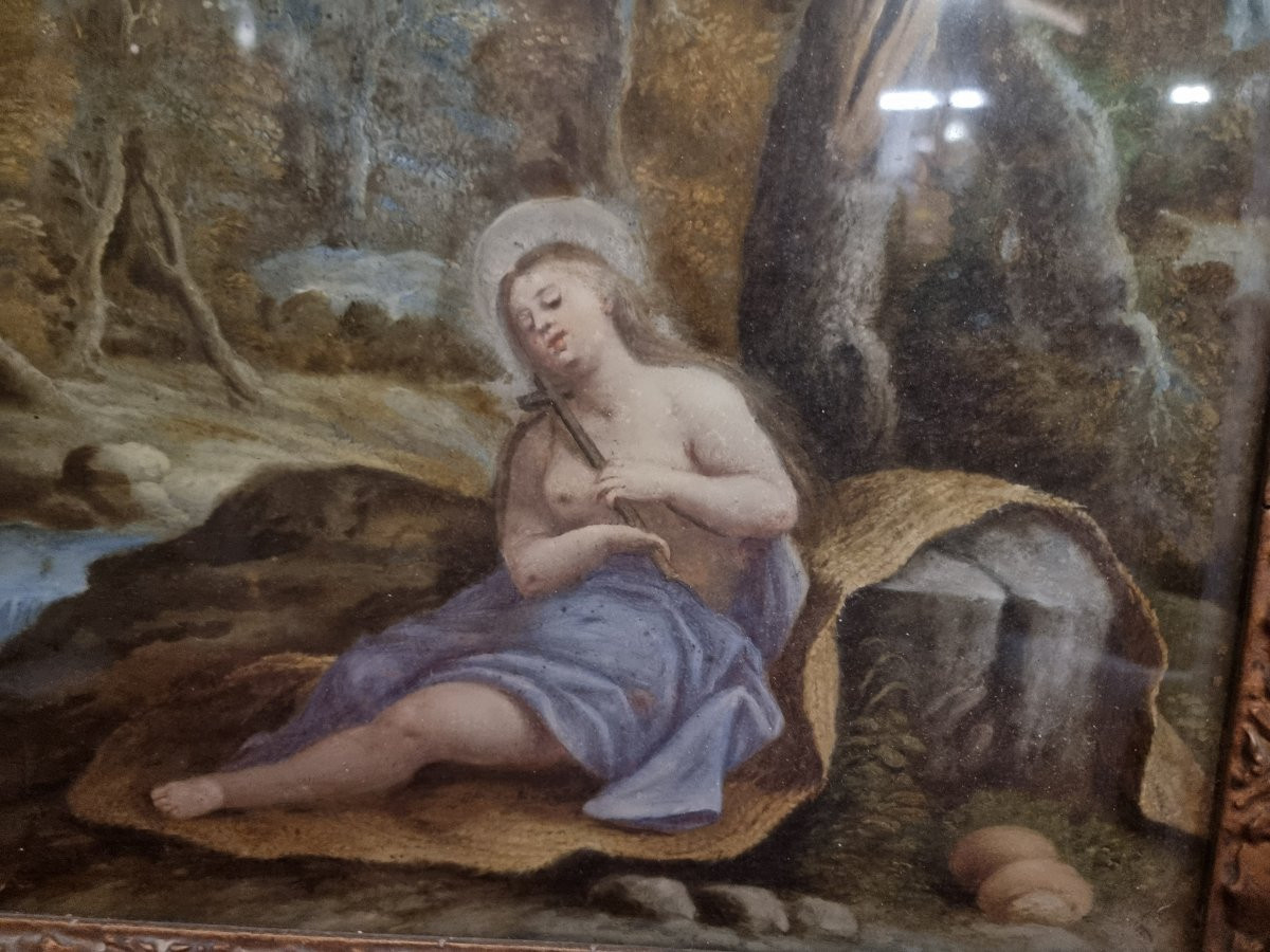 DIPINTO SOTTO VETRO - MADDALENA CON PAESAGGIO  - SECONDA META DEL XVII SECOLO  - CENTRO ITALIA -photo-2