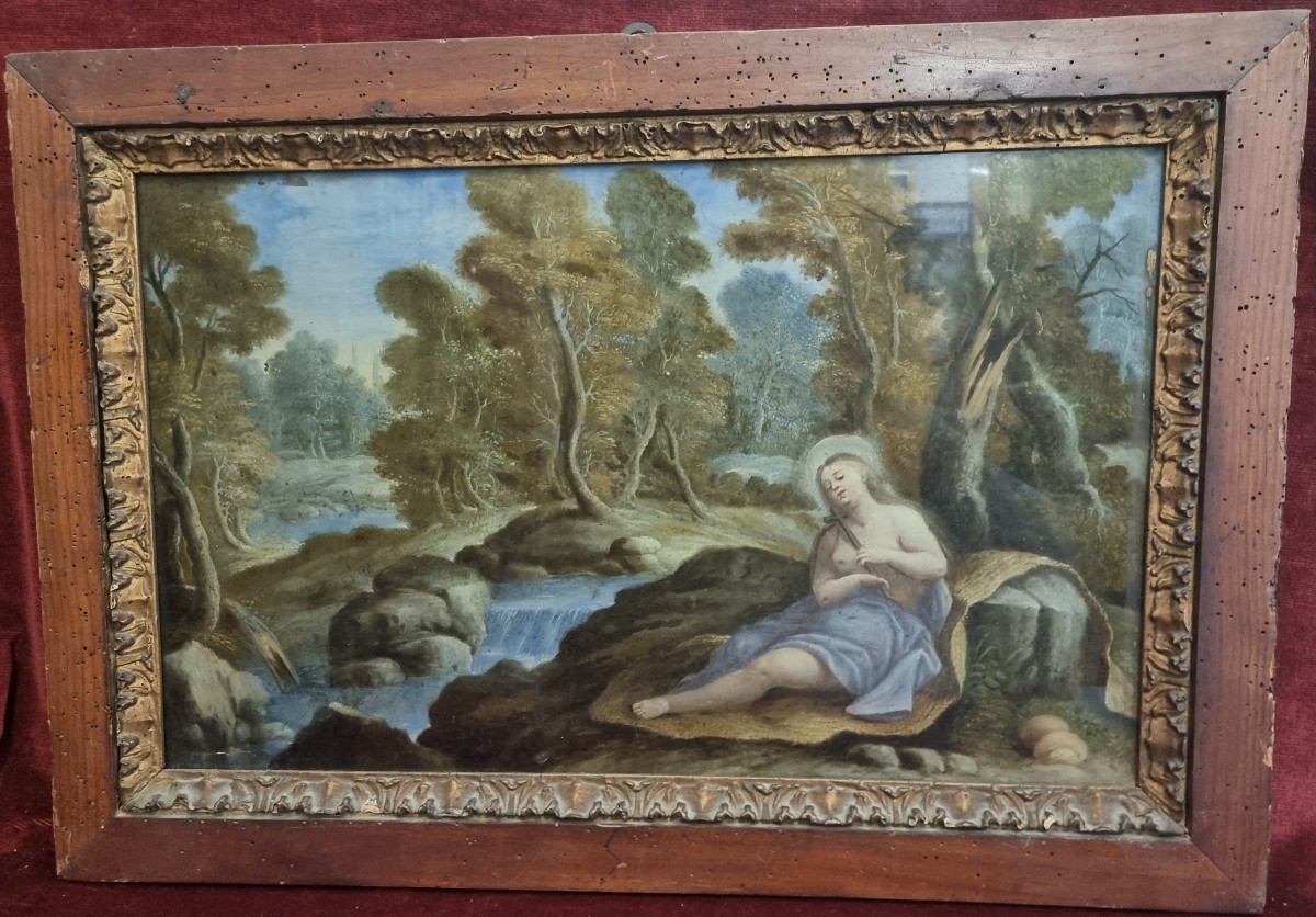 DIPINTO SOTTO VETRO - MADDALENA CON PAESAGGIO  - SECONDA META DEL XVII SECOLO  - CENTRO ITALIA 